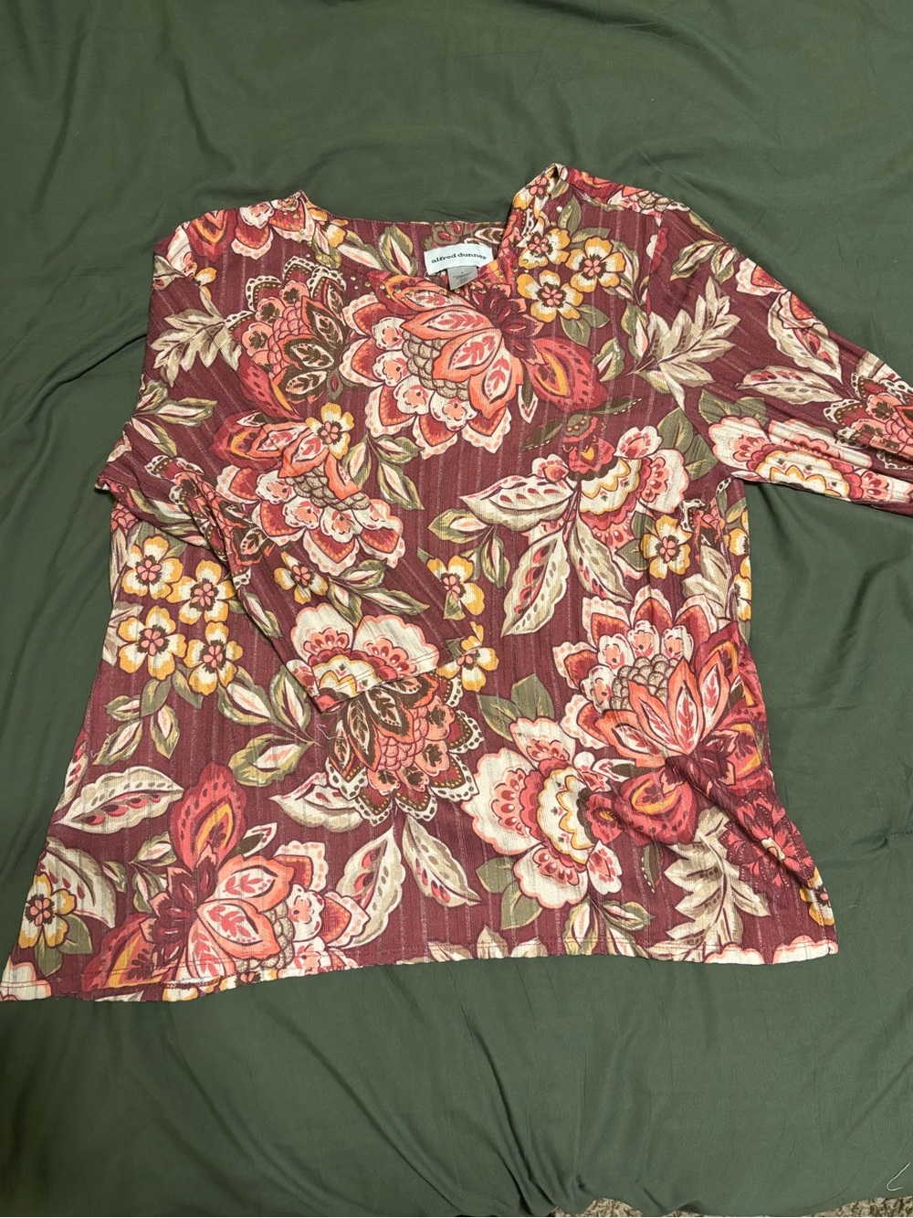Alfred Dunner Burgundy Floral Long Sleeve V-Neck Top